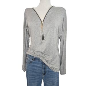 Greatrees Gray Long Sleeve Gold Front Zipper Front Women's Top Size L NWOT